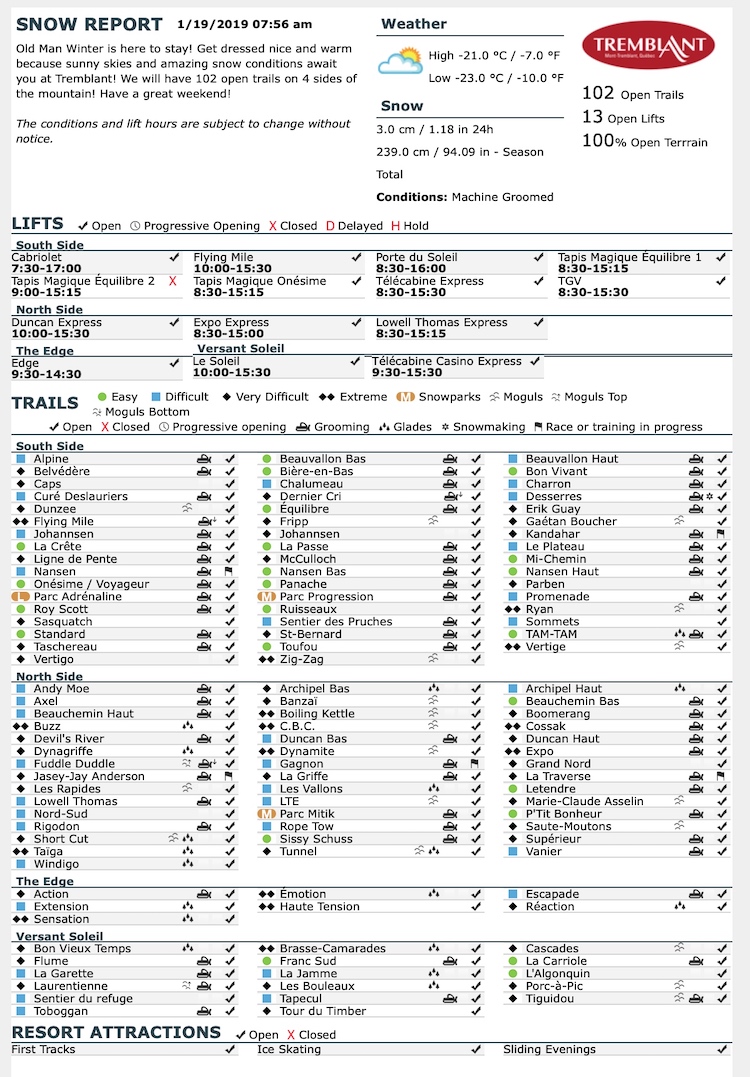 Archival Copy of Official Open Trails,<br />Grooming, Snowmaking, Lift Status and Mountain Conditions Courtesy of Tremblant.ca