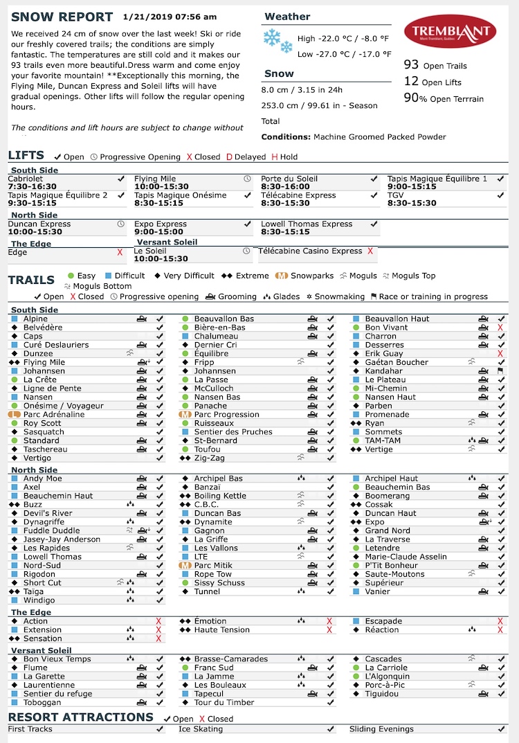 Archival Copy of Official Open Trails,<br />Grooming, Snowmaking, Lift Status and Mountain Conditions Courtesy of Tremblant.ca
