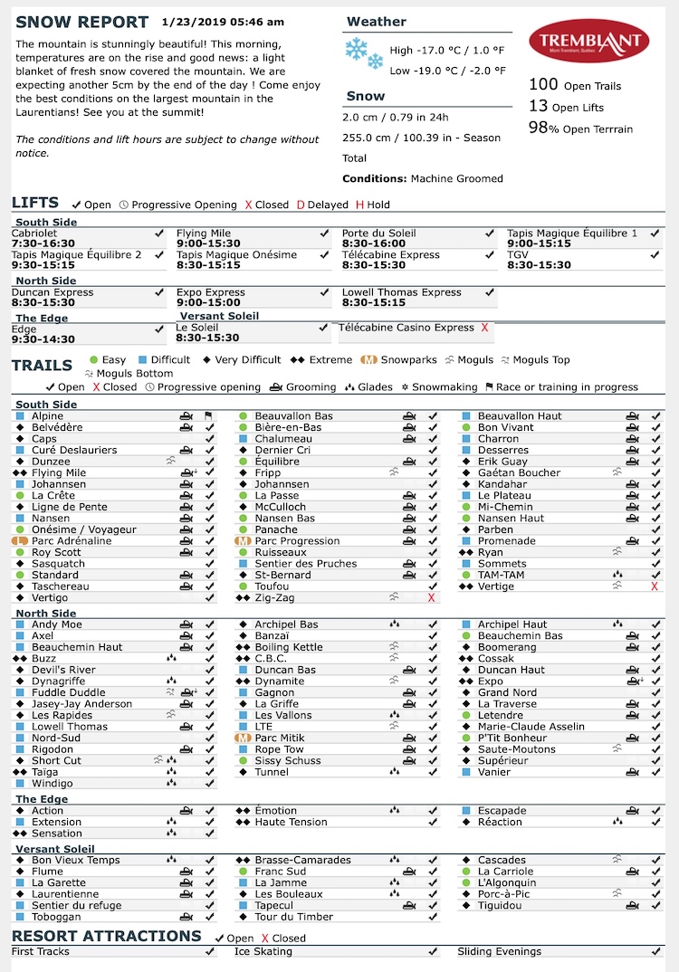 Archival Copy of Official Open Trails,<br />Grooming, Snowmaking, Lift Status and Mountain Conditions Courtesy of Tremblant.ca