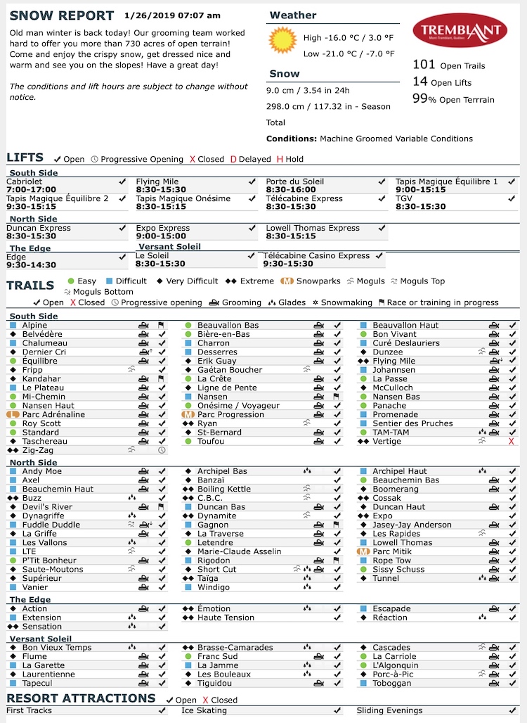Archival Copy of Official Open Trails,<br />Grooming, Snowmaking, Lift Status and Mountain Conditions Courtesy of Tremblant.ca