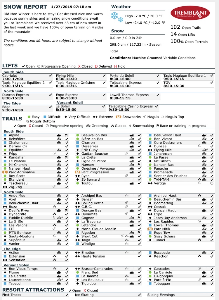 Archival Copy of Official Open Trails,<br />Grooming, Snowmaking, Lift Status and Mountain Conditions Courtesy of Tremblant.ca