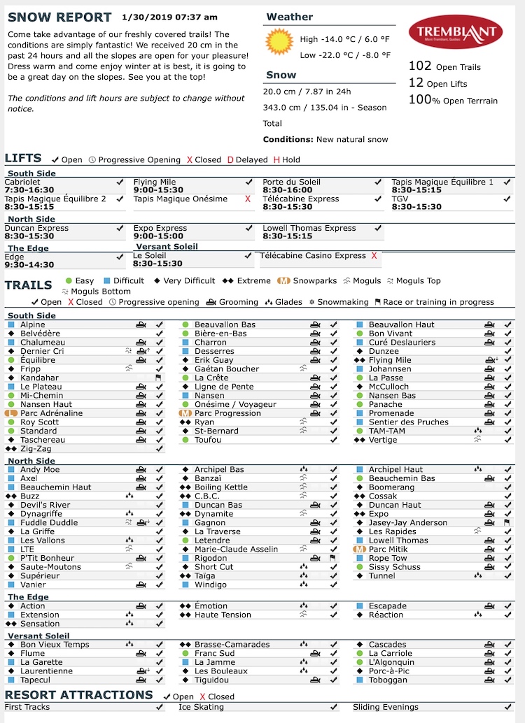 Archival Copy of Official Open Trails,<br />Grooming, Snowmaking, Lift Status and Mountain Conditions Courtesy of Tremblant.ca