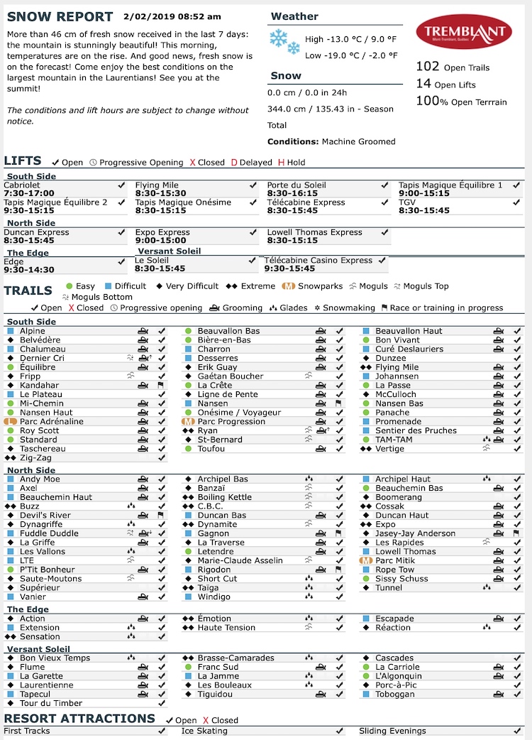 Archival Copy of Official Open Trails,<br />Grooming, Snowmaking, Lift Status and Mountain Conditions Courtesy of Tremblant.ca