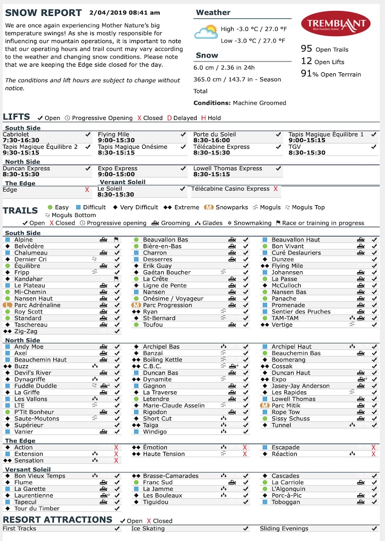 Archival Copy of Official Open Trails,<br />Grooming, Snowmaking, Lift Status and Mountain Conditions Courtesy of Tremblant.ca