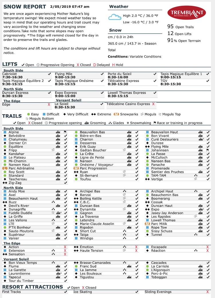Archival Copy of Official Open Trails,<br />Grooming, Snowmaking, Lift Status and Mountain Conditions Courtesy of Tremblant.ca