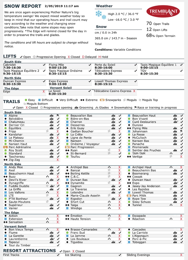 Archival Copy of Official Open Trails,<br />Grooming, Snowmaking, Lift Status and Mountain Conditions Courtesy of Tremblant.ca