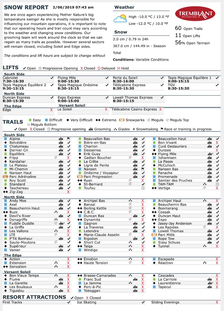 Archival Copy of Official Open Trails,<br />Grooming, Snowmaking, Lift Status and Mountain Conditions Courtesy of Tremblant.ca