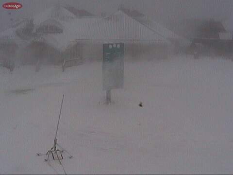 Look closely and you can see the stream of snow from this Summit Snow Gun moving past the &quot;Traffic Signal&quot; board.