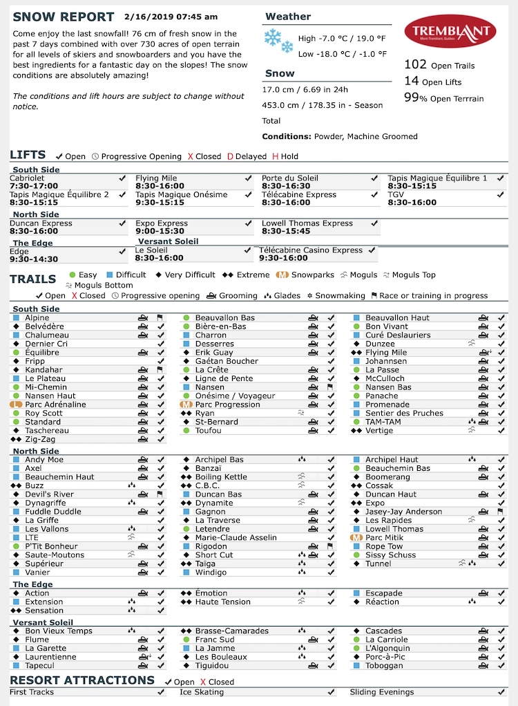 Archival Copy of Official Open Trails,<br />Grooming, Snowmaking, Lift Status and Mountain Conditions<br />for February 17, 2019, Courtesy of Tremblant.ca