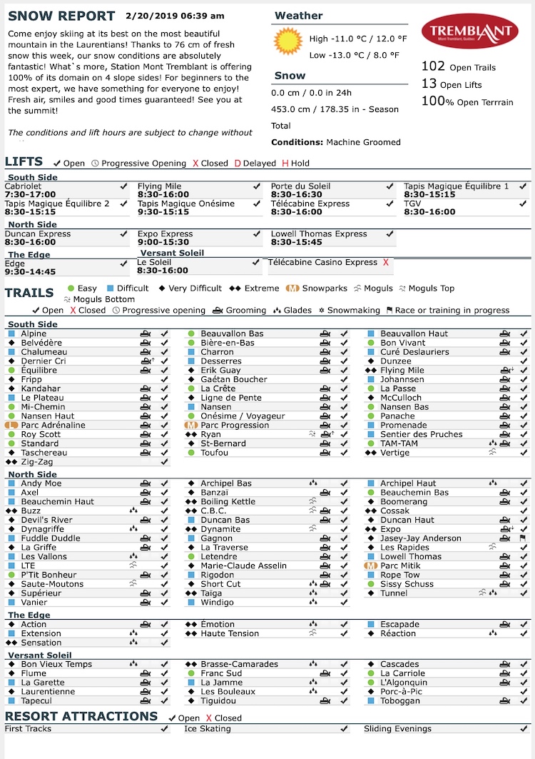 Archival Copy of Official Open Trails,<br />Grooming, Snowmaking, Lift Status and Mountain Conditions Courtesy of Tremblant.ca