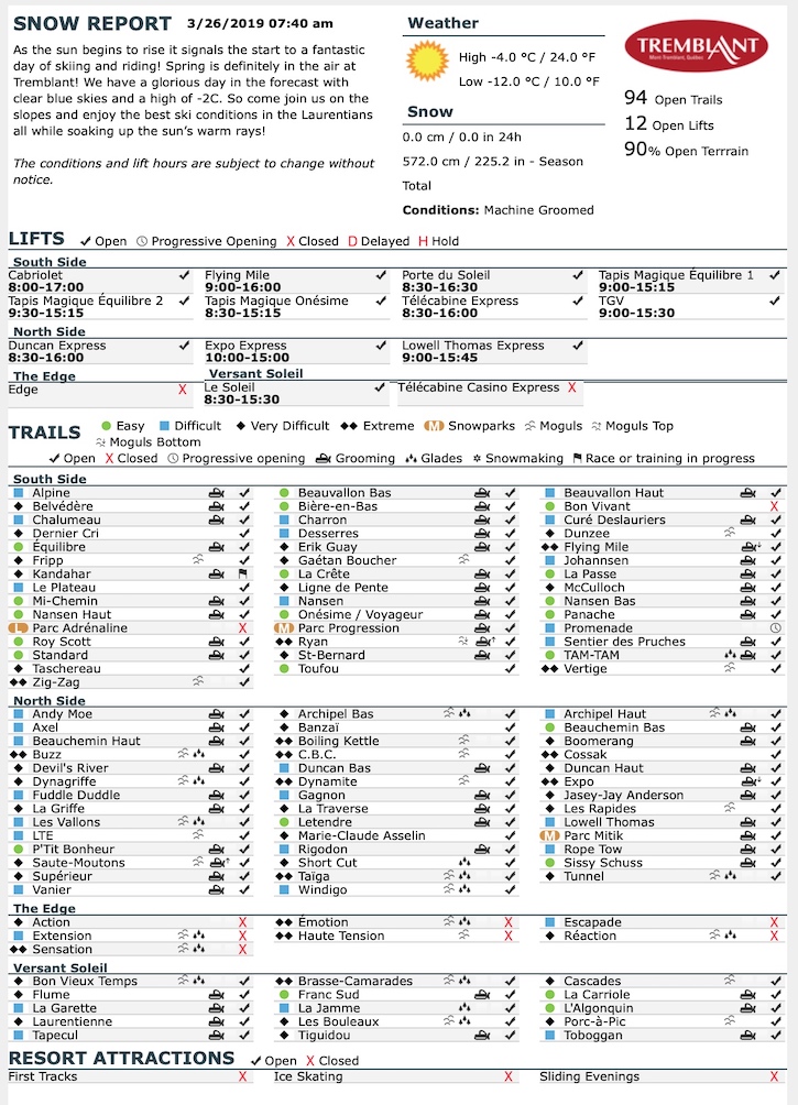 Archival Copy of Official Open Trails,<br />Grooming, Snowmaking, Lift Status and Mountain Conditions Courtesy of Tremblant.ca