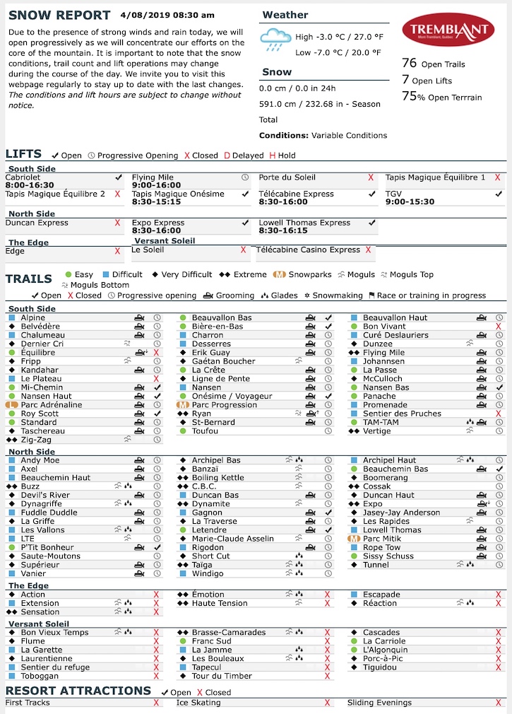 Archival Copy of Official Open Trails,<br />Grooming, Snowmaking, Lift Status and Mountain Conditions Courtesy of Tremblant.ca