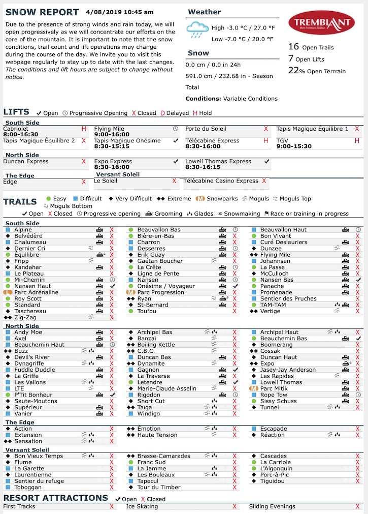 Archival Copy of Official Open Trails,<br />Grooming, Snowmaking, Lift Status and Mountain Conditions Courtesy of Tremblant.ca