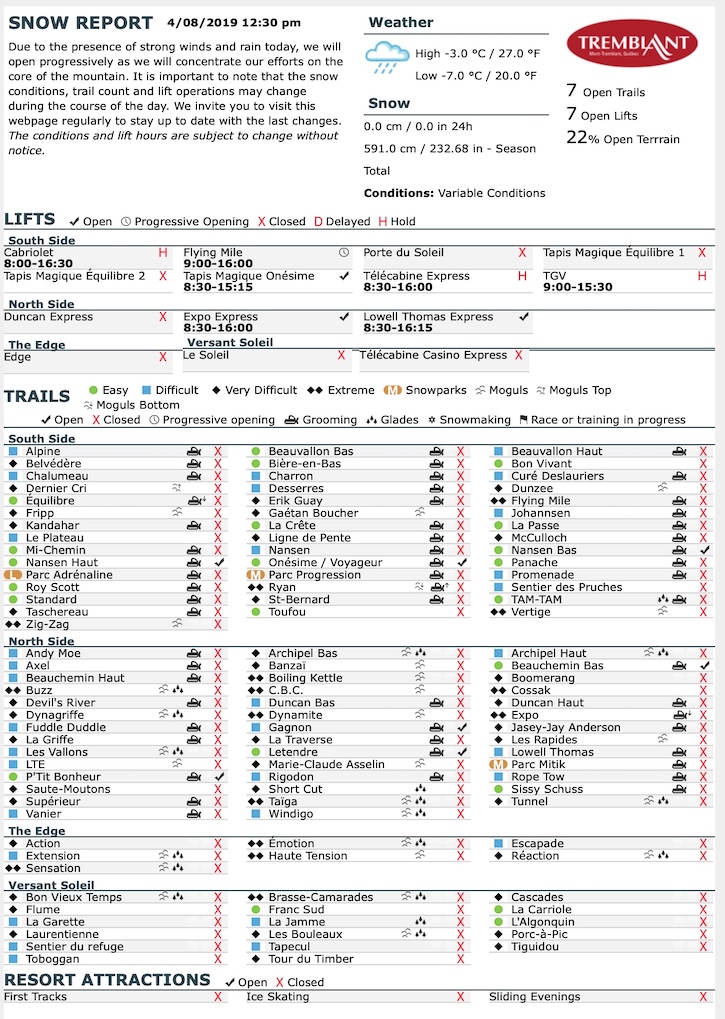 Archival Copy of Official Open Trails,<br />Grooming, Snowmaking, Lift Status and Mountain Conditions Courtesy of Tremblant.ca