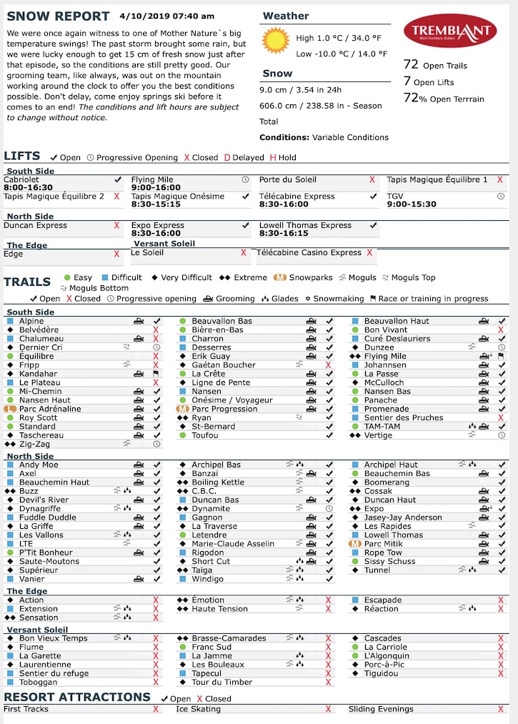 Archival Copy of Official Open Trails,<br />Grooming, Snowmaking, Lift Status and Mountain Conditions Courtesy of Tremblant.ca
