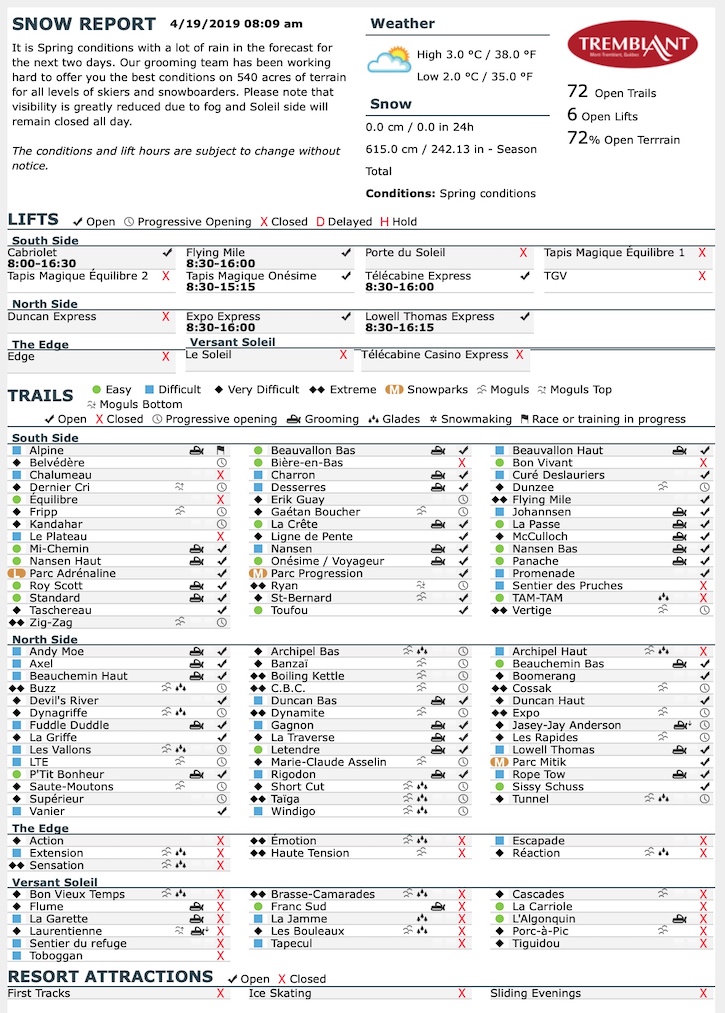 Archival Copy of Official Open Trails,<br />Grooming, Snowmaking, Lift Status and Mountain Conditions Courtesy of Tremblant.ca