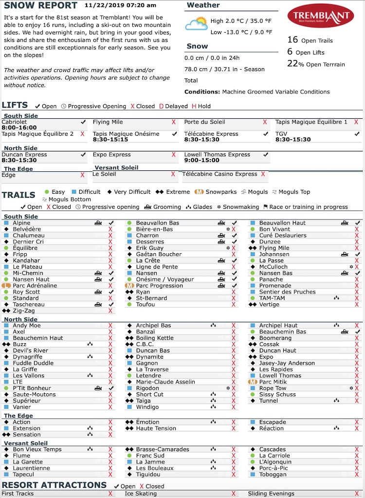 Archival Copy of Official Open Trails,<br />Grooming, Snowmaking, Lift Status and Mountain Conditions Courtesy of Tremblant.ca
