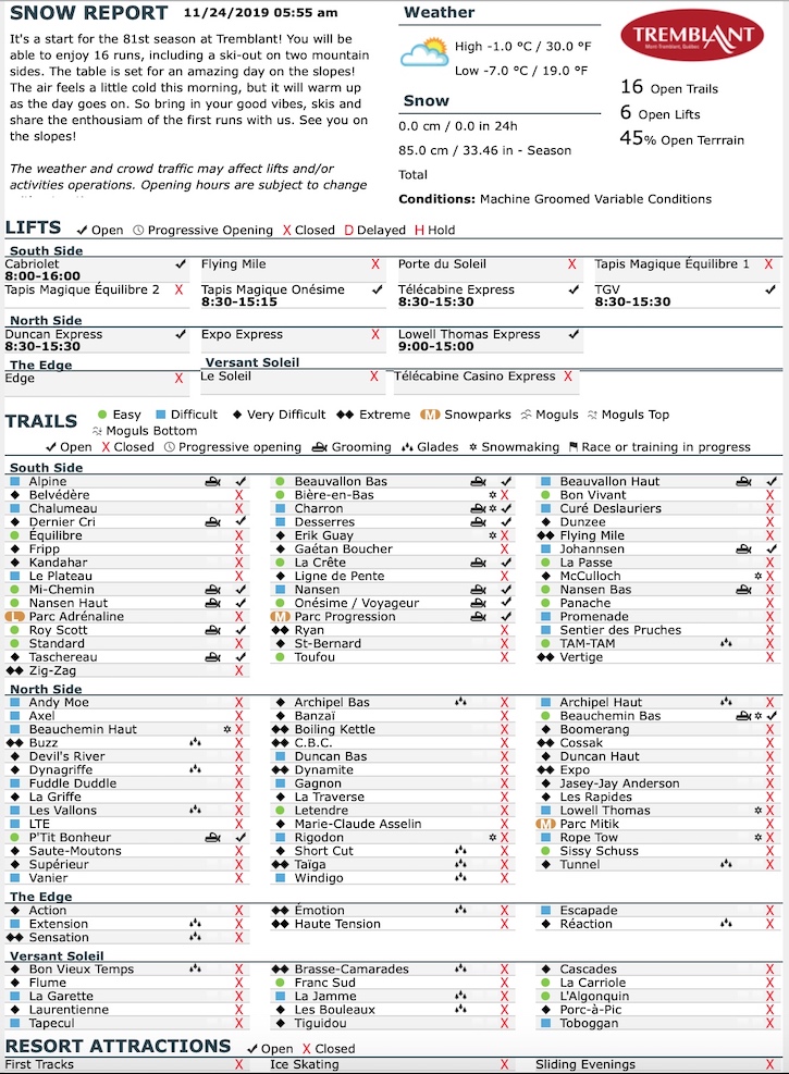 Archival Copy of Official Open Trails,<br />Grooming, Snowmaking, Lift Status and Mountain Conditions Courtesy of Tremblant.ca