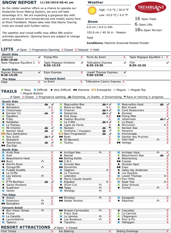 Archival Copy of Official Open Trails,<br />Grooming, Snowmaking, Lift Status and Mountain Conditions Courtesy of Tremblant.ca