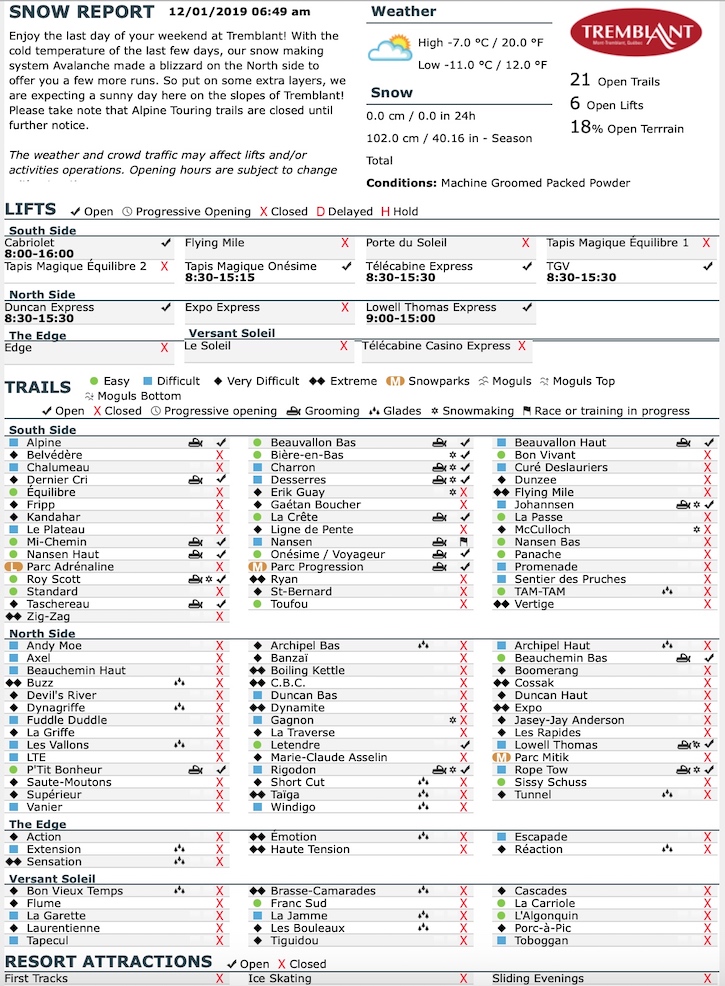 Archival Copy of Official Open Trails,<br />Grooming, Snowmaking, Lift Status and Mountain Conditions Courtesy of Tremblant.ca