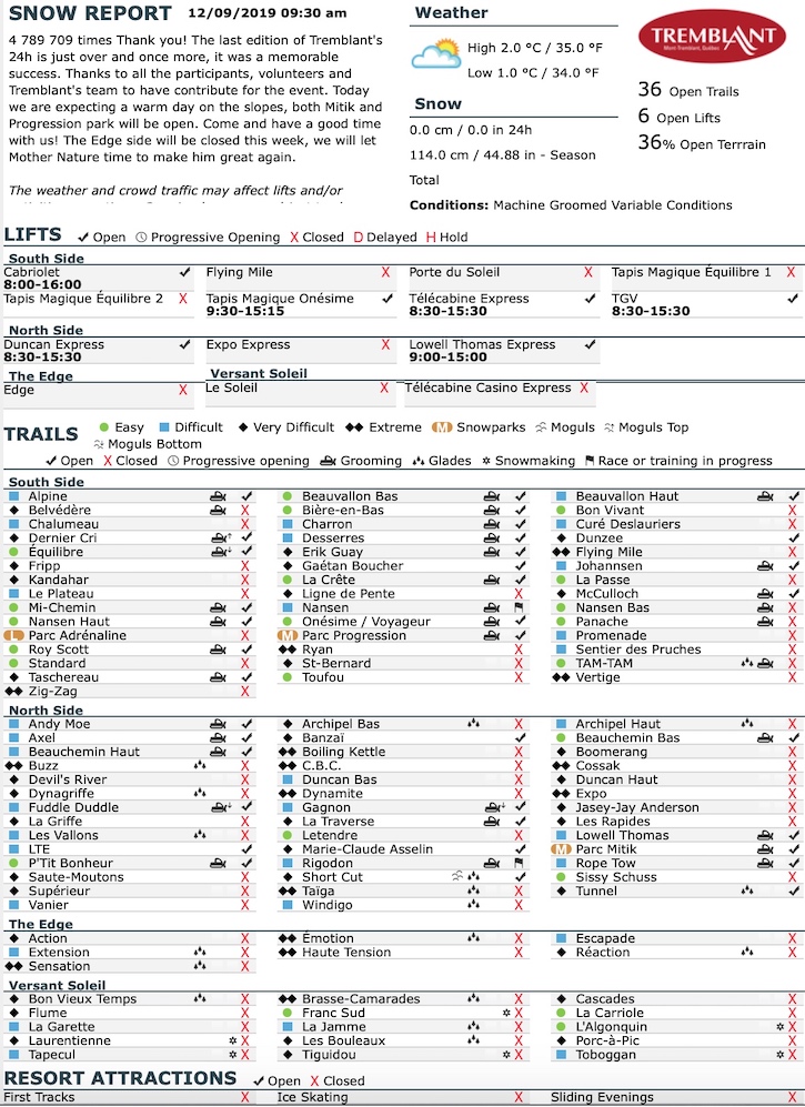 Archival Copy of Official Open Trails,<br />Grooming, Snowmaking, Lift Status and Mountain Conditions Courtesy of Tremblant.ca