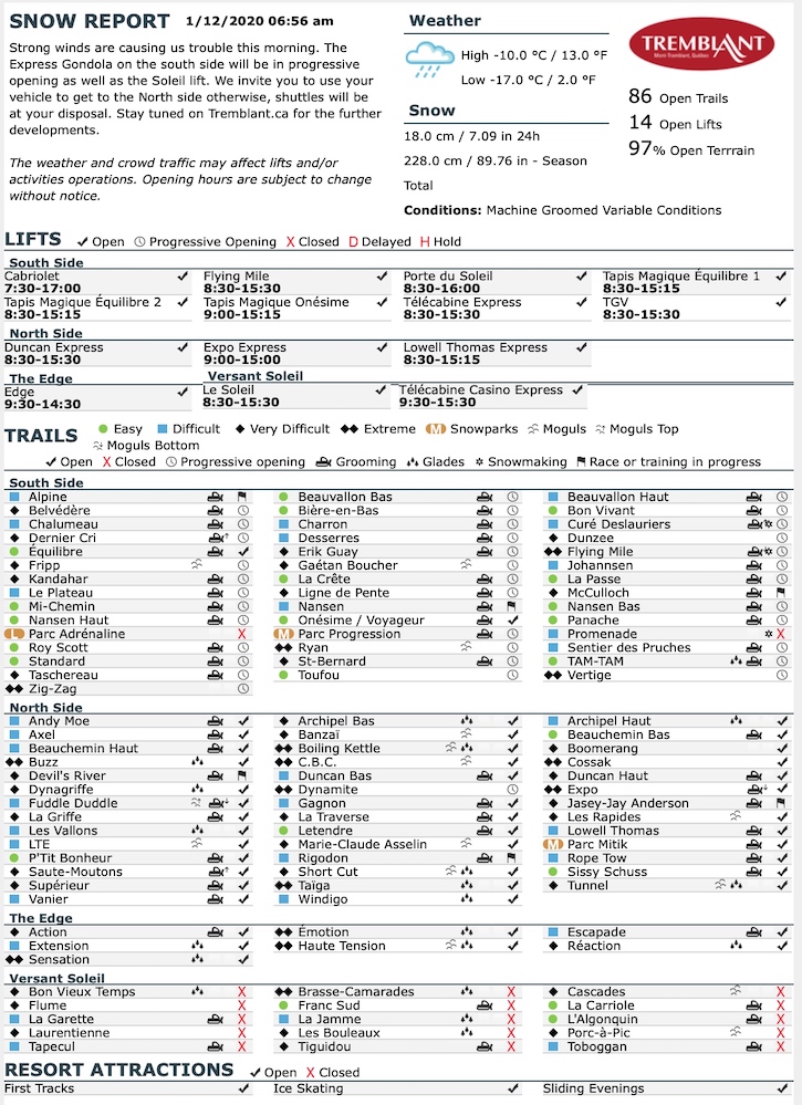 Archival Copy of Official Open Trails,<br />Grooming, Snowmaking, Lift Status and Mountain Conditions Courtesy of Tremblant.ca