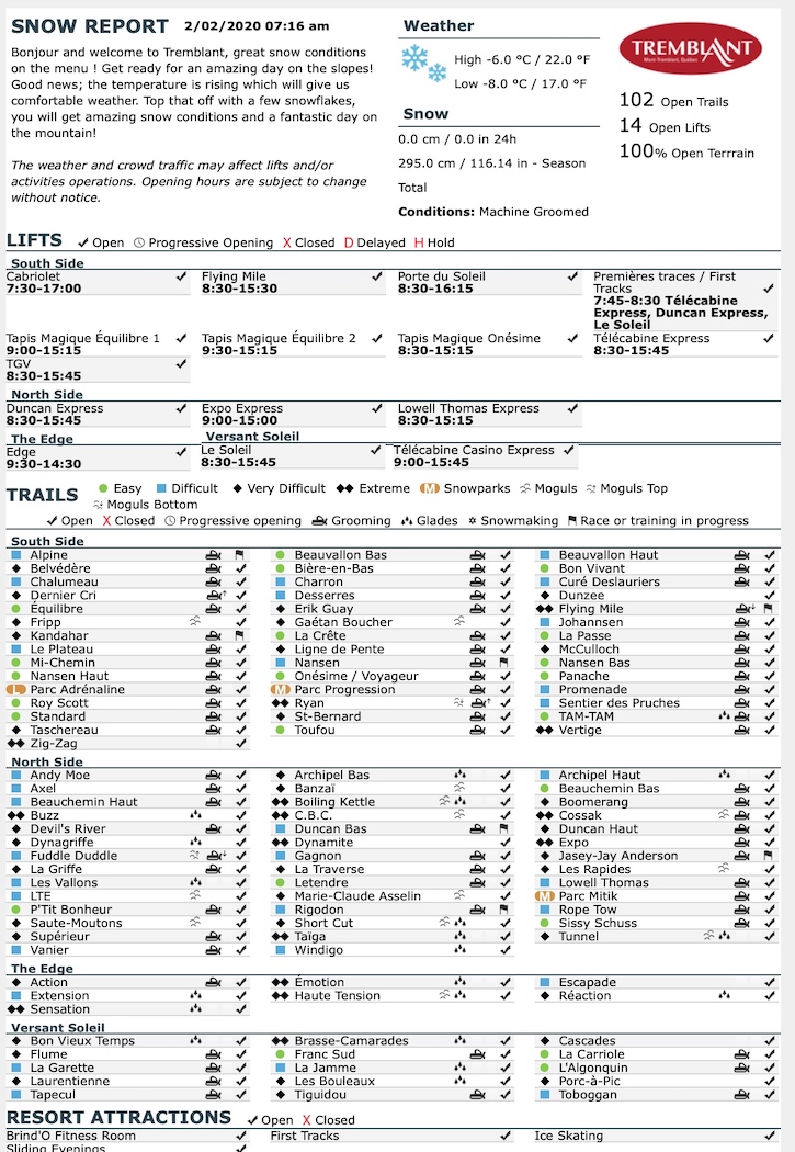 Archival Copy of Official Open Trails,<br />Grooming, Snowmaking, Lift Status and Mountain Conditions Courtesy of Tremblant.ca