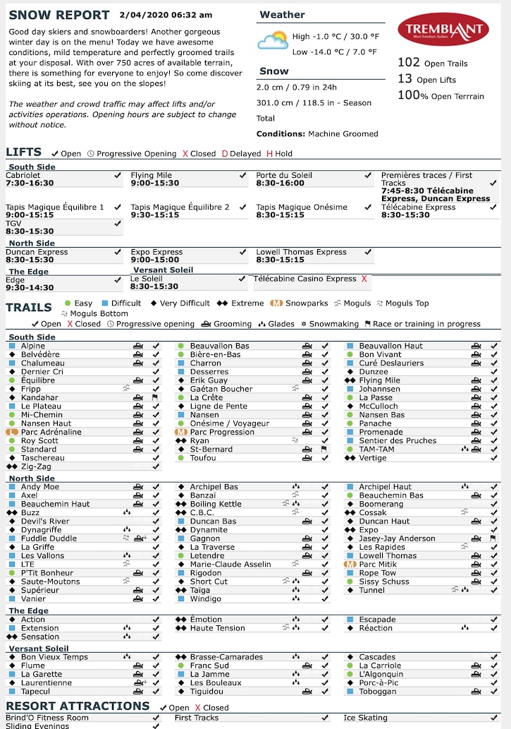 Archival Copy of Official Open Trails,<br />Grooming, Snowmaking, Lift Status and Mountain Conditions Courtesy of Tremblant.ca