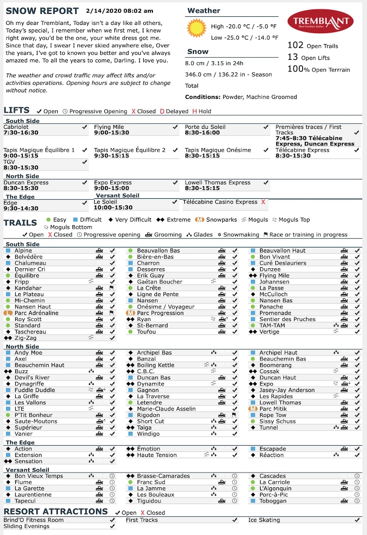 Archival Copy of Official Open Trails,<br />Grooming, Snowmaking, Lift Status and Mountain Conditions Courtesy of Tremblant.ca
