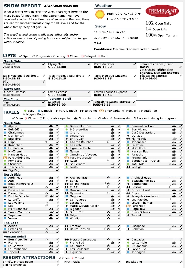 Archival Copy of Official Open Trails,<br />Grooming, Snowmaking, Lift Status and Mountain Conditions Courtesy of Tremblant.ca