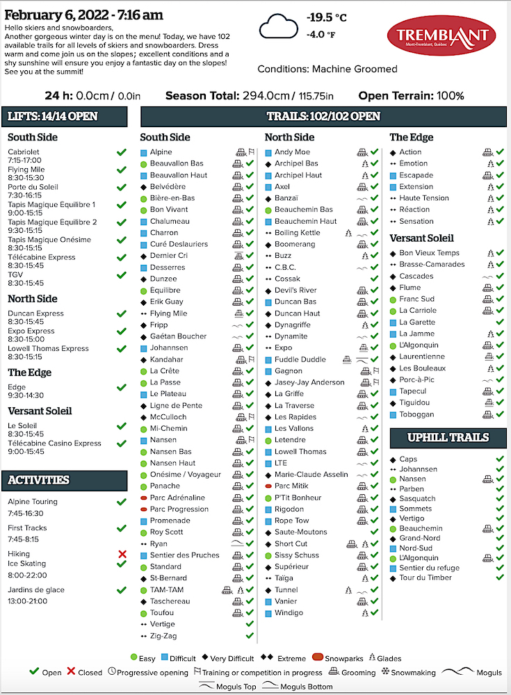 Archival Copy of Official Open Trails,<br />Grooming, Snowmaking, Lift Status and Mountain Conditions Courtesy of Tremblant.ca
