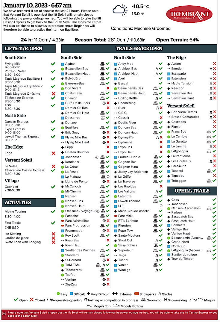 Archival Copy of Official Open Trails,<br />Grooming, Snowmaking, Lift Status and Mountain Conditions Courtesy of Tremblant.ca