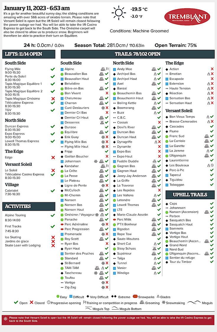 Archival Copy of Official Open Trails,<br />Grooming, Snowmaking, Lift Status and Mountain Conditions Courtesy of Tremblant.ca