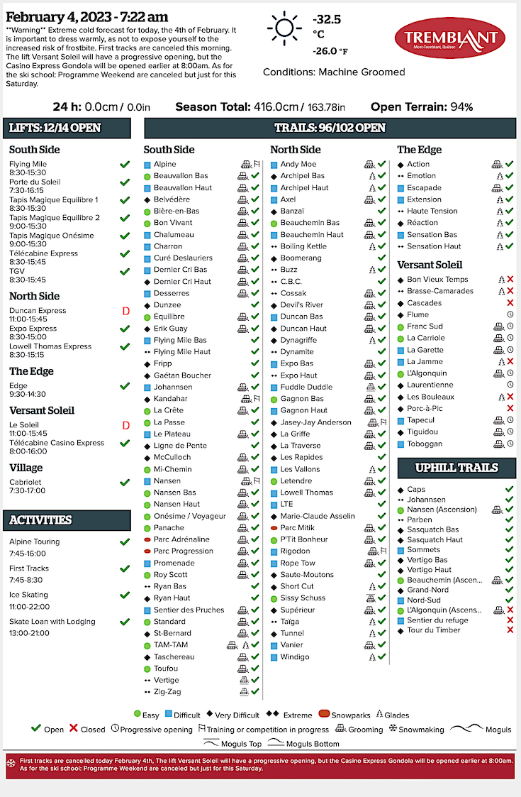 Archival Copy of Official Open Trails,<br />Grooming, Snowmaking, Lift Status and Mountain Conditions Courtesy of Tremblant.ca