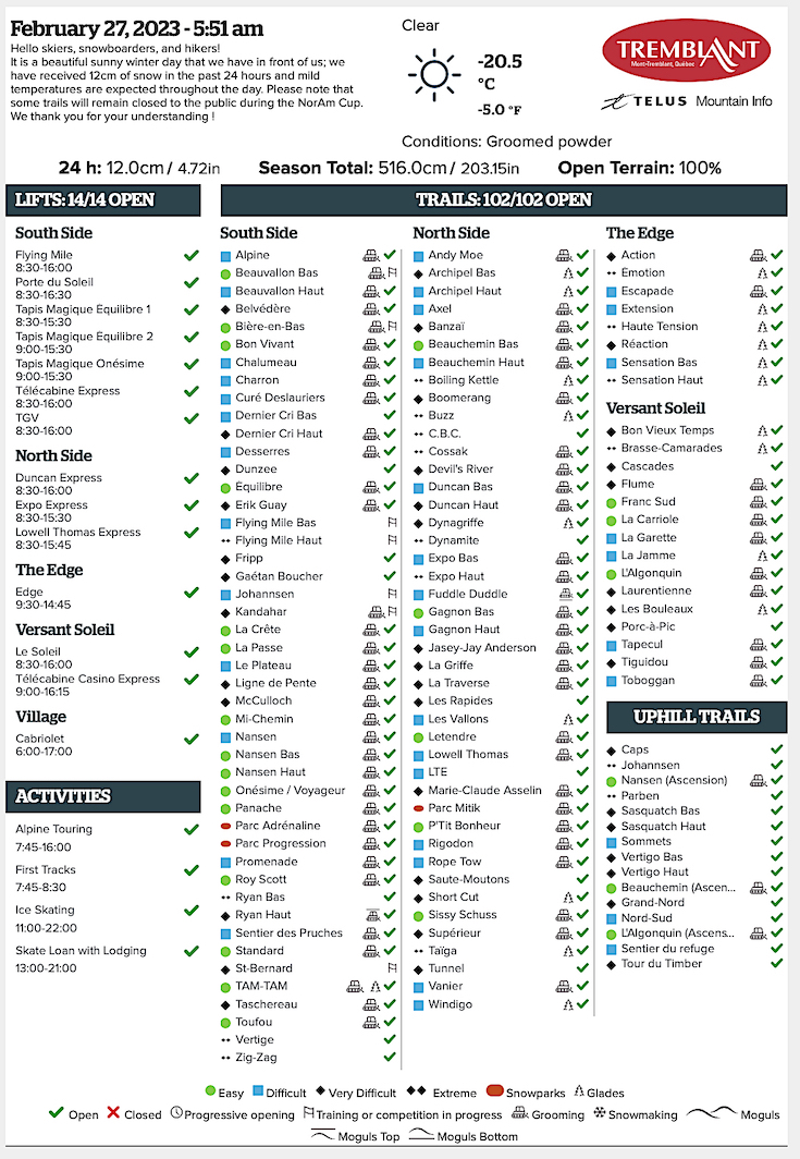 Archival Copy of Official Open<br />Trails, Grooming, Snowmaking, Lift Status and Mountain Conditions Courtesy of Tremblant.ca