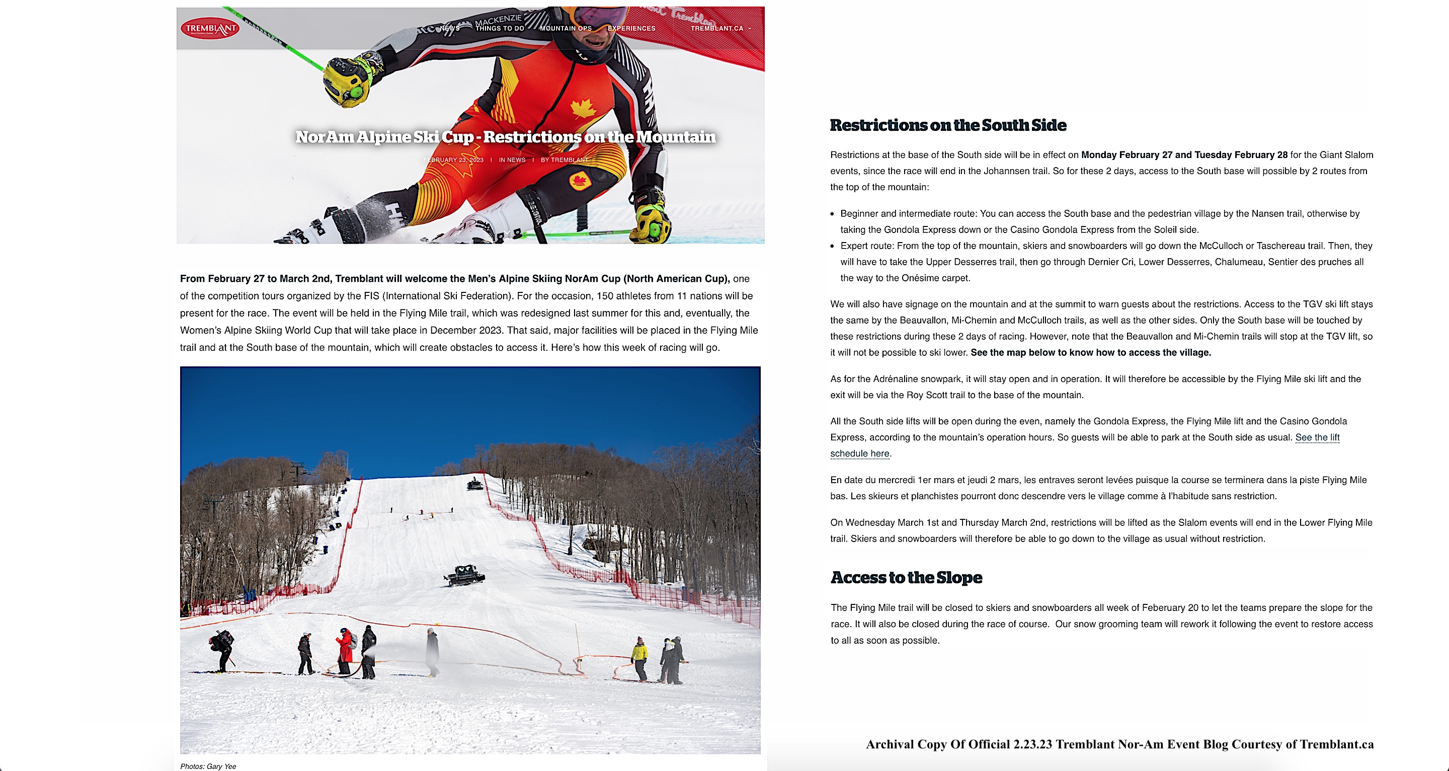 Please See Attached Trail Graphics Regarding Versant Sud/South Side Access By Skill Level.