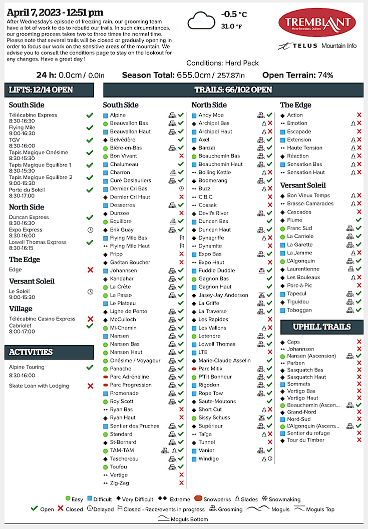 Archival Copy of Official Open<br />Trails, Grooming, Snowmaking, Lift Status and Mountain Conditions Courtesy of Tremblant.ca