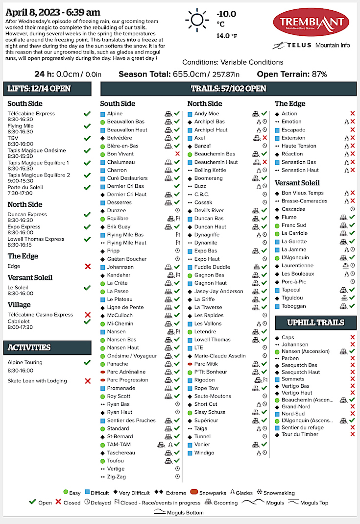 Archival Copy of Official Open<br />Trails, Grooming, Snowmaking, Lift Status and Mountain Conditions Courtesy of Tremblant.ca