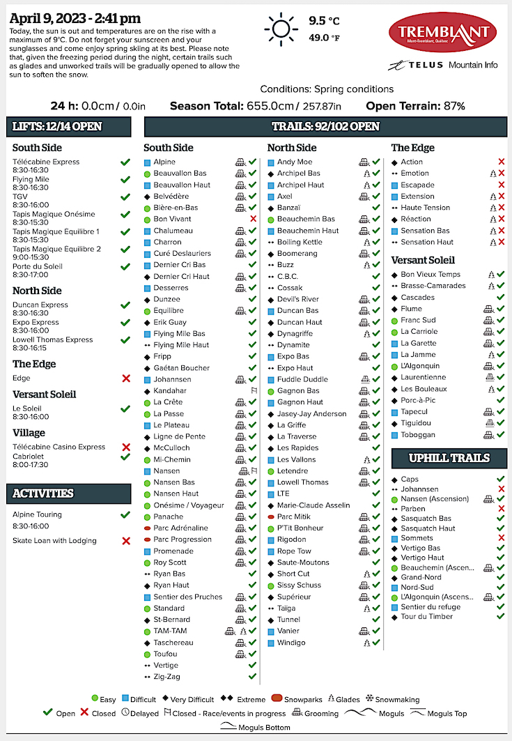 Archival Copy of Official Open<br />Trails, Grooming, Snowmaking, Lift Status and Mountain Conditions Courtesy of Tremblant.ca