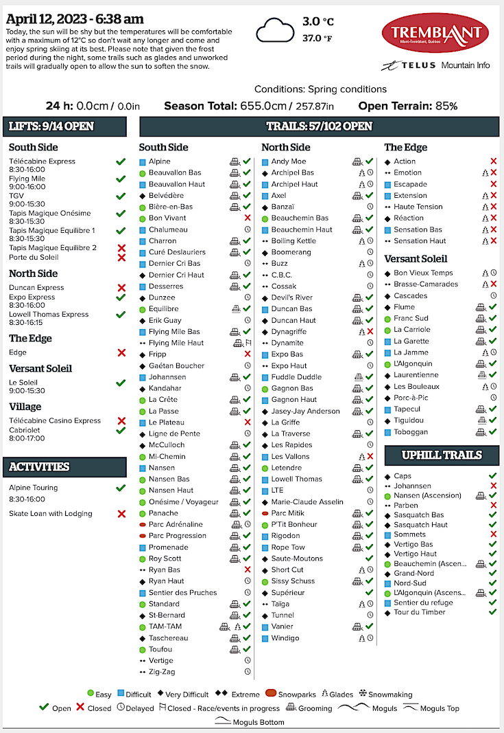 Archival Copy of Official Open<br />Trails, Grooming, Snowmaking, Lift Status and Mountain Conditions Courtesy of Tremblant.ca