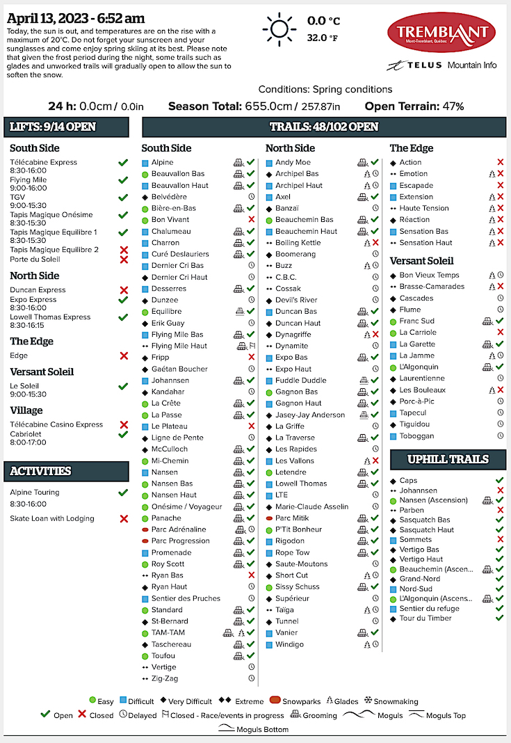 Archival Copy of Official Open<br />Trails, Grooming, Snowmaking, Lift Status and Mountain Conditions Courtesy of Tremblant.ca