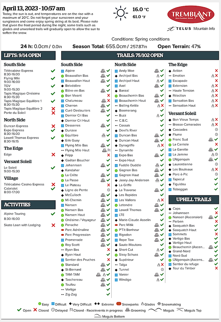 Archival Copy of Official Open<br />Trails, Grooming, Snowmaking, Lift Status and Mountain Conditions Courtesy of Tremblant.ca