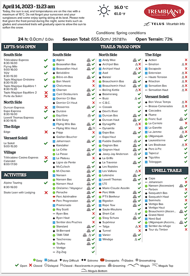Archival Copy of Official Open<br />Trails, Grooming, Snowmaking, Lift Status and Mountain Conditions Courtesy of Tremblant.ca