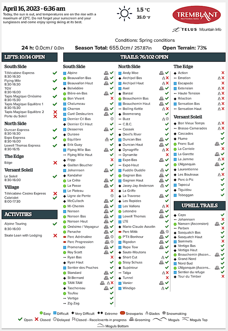 Archival Copy of Official Open<br />Trails, Grooming, Snowmaking, Lift Status and Mountain Conditions Courtesy of Tremblant.ca