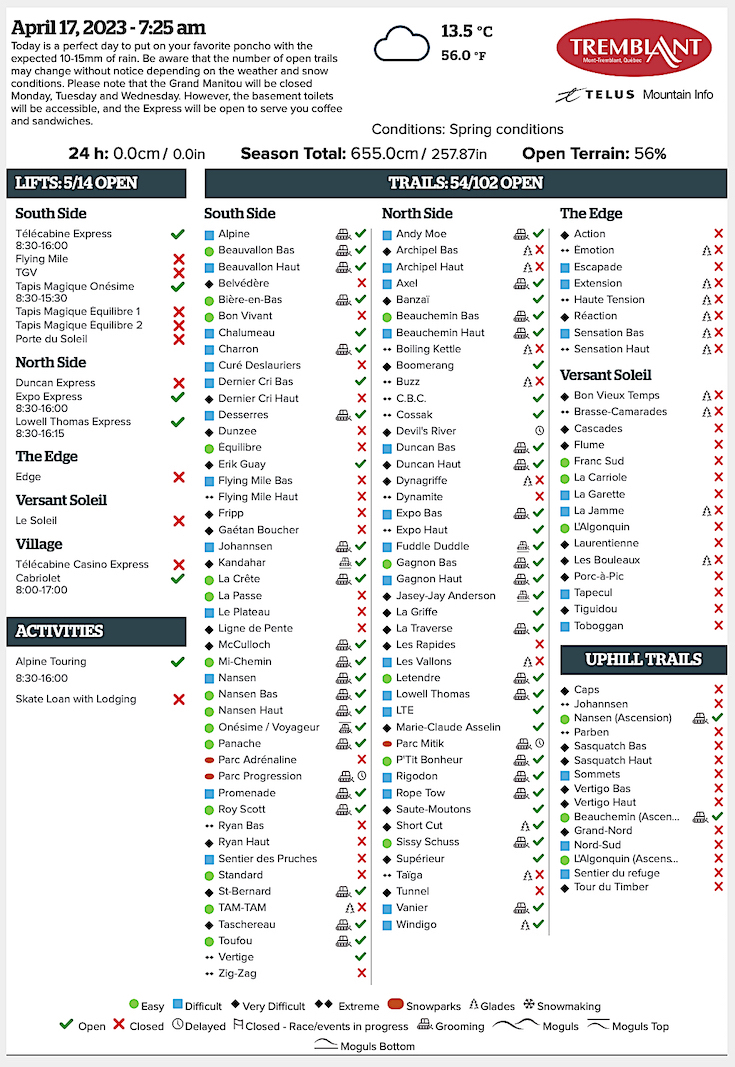 Archival Copy of Official Open<br />Trails, Grooming, Snowmaking, Lift Status and Mountain Conditions Courtesy of Tremblant.ca