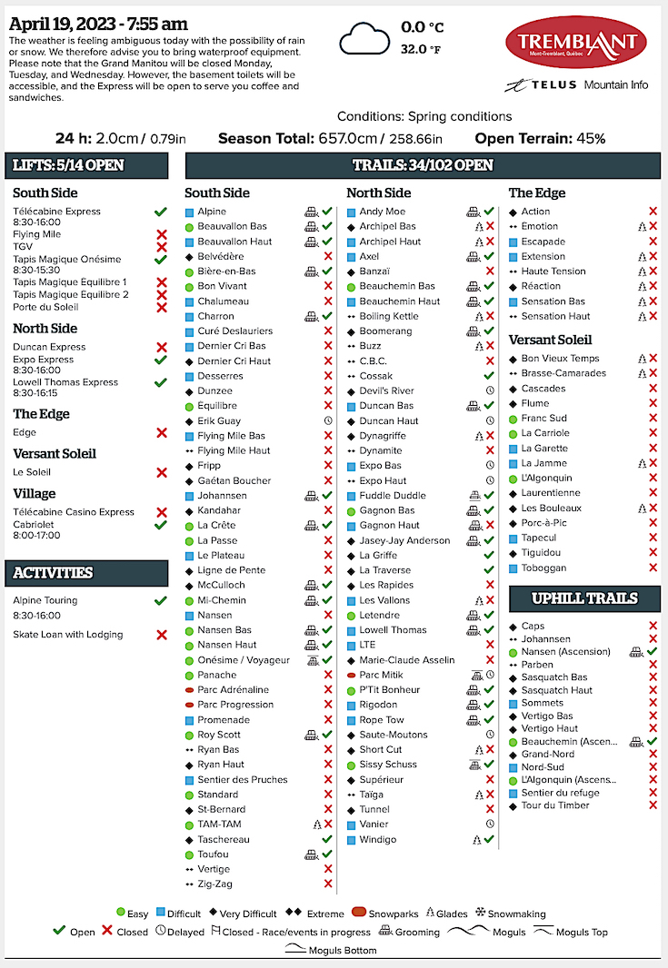 Archival Copy of Official Open<br />Trails, Grooming, Snowmaking, Lift Status and Mountain Conditions Courtesy of Tremblant.ca