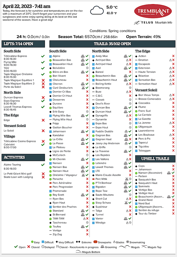 Archival Copy of Official Open<br />Trails, Grooming, Snowmaking, Lift Status and Mountain Conditions Courtesy of Tremblant.ca