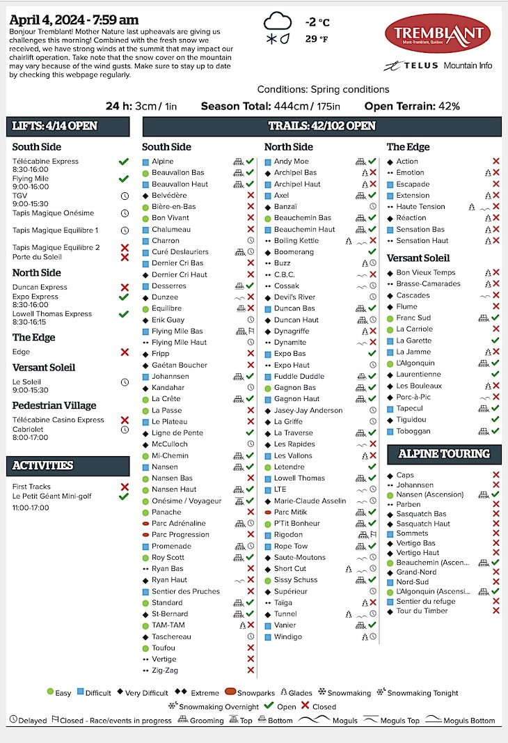 Archival Copy of Official Open<br />Trails, Grooming, Snowmaking, Lift Status and Mountain Conditions Courtesy of Tremblant.ca