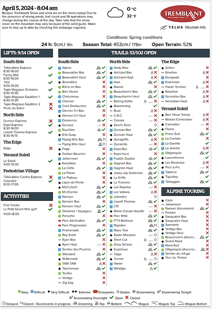 Archival Copy of Official Open<br />Trails, Grooming, Snowmaking, Lift Status and Mountain Conditions Courtesy of Tremblant.ca