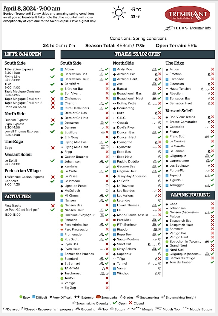 Archival Copy of Official Open<br />Trails, Grooming, Snowmaking, Lift Status and Mountain Conditions Courtesy of Tremblant.ca